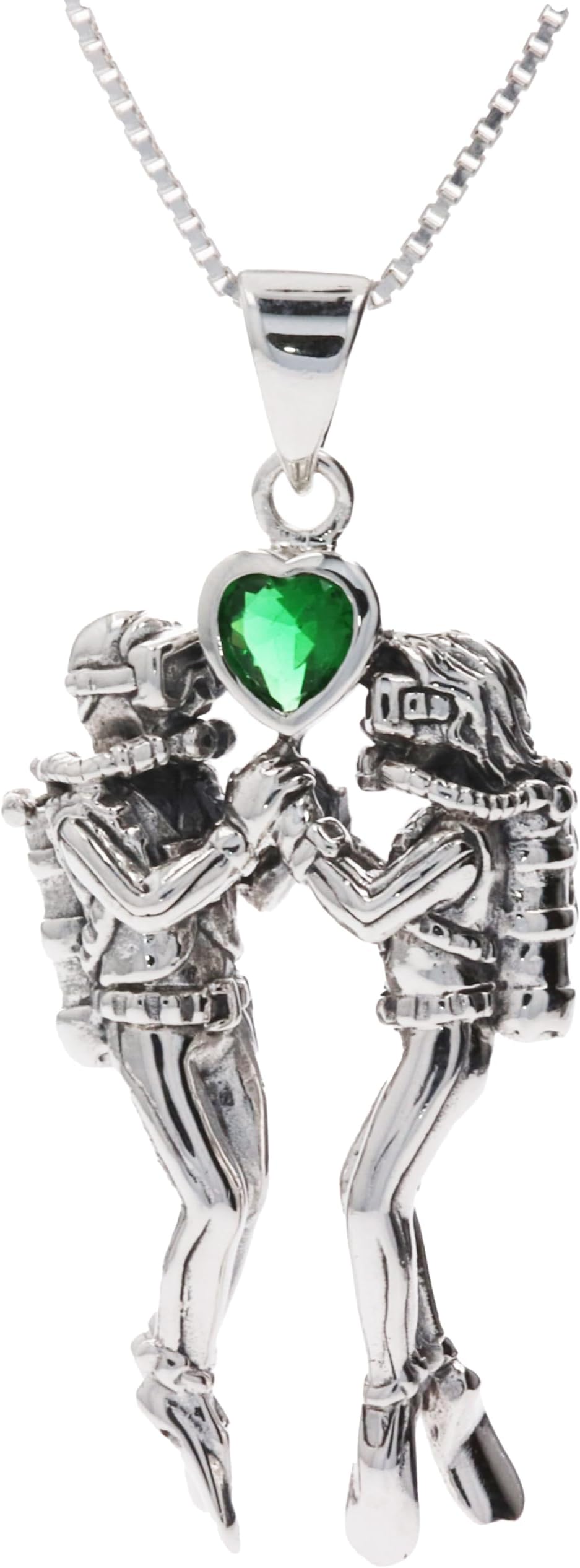 Scuba Divers Green Heart Sterling Silver Pendant Necklace 18"