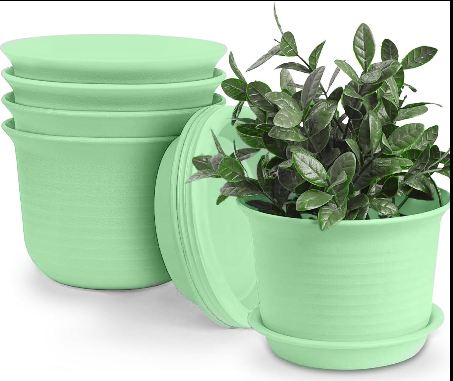LISHONN Plastic Round Flower Pots with Tray for Home Planters, Terrace, Garden Etc | Pack of 05 | Green | for Home Indoor & Outdoor Gardening Plants (B0CKDRPCQ4) Amazon Price History, Amazon Price Tracker