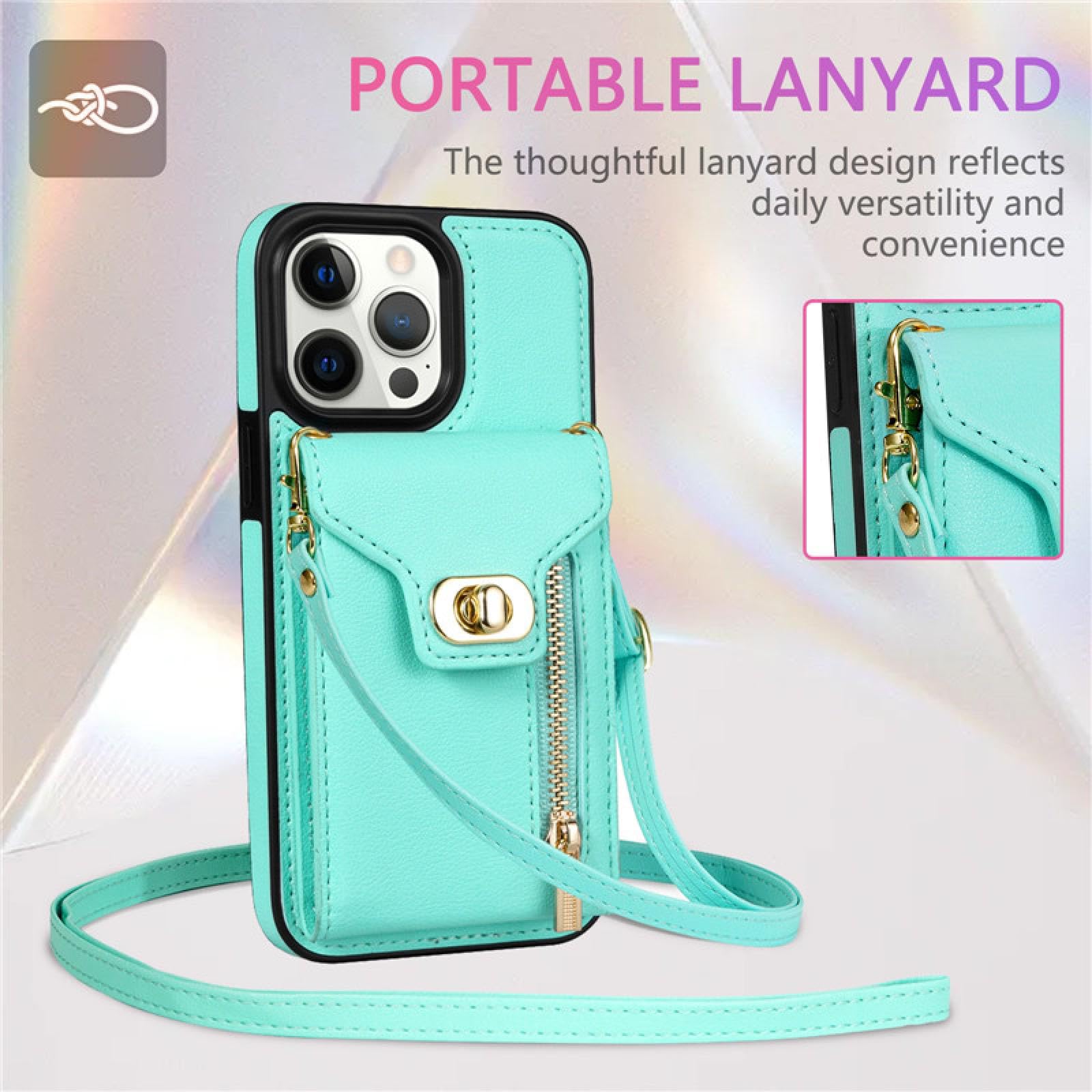Für iPhone 15 Plus Lanyard Leder Reißverschluss Brieftasche Karte Handyhülle Geldbörse Flip Stand Cover (Für iPhone 15 Plus/schwarz)
