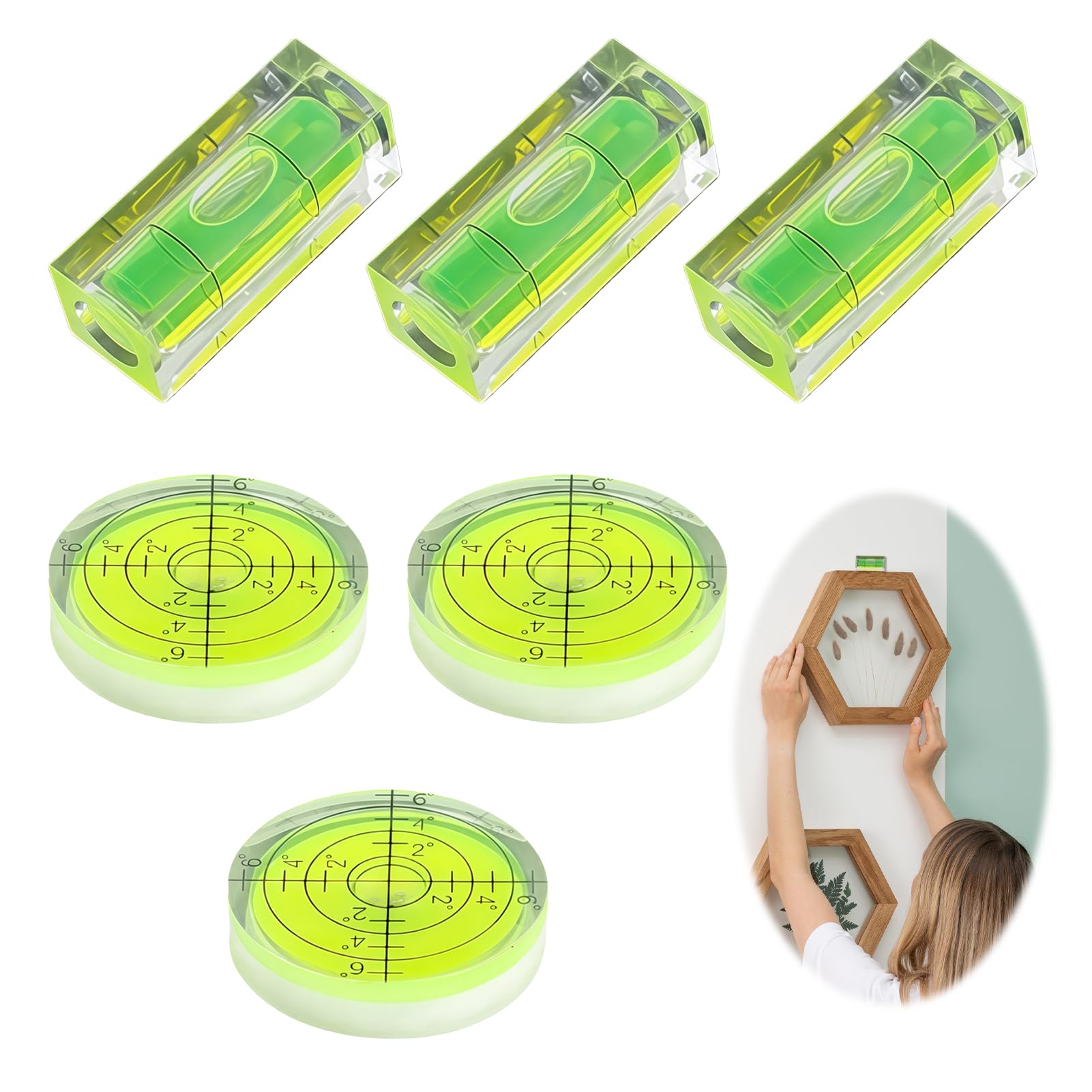 Mini Spirit Level 6 Pcs, Small Bubble Levels Precise Leveling, Portable Accurate Measuring Tool for Picture Hanging Turntables Camera Tripod Drill Leveling Phonograph (Circle+Rectangle)