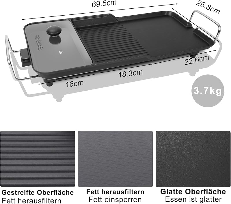 AEWHALE 3 az 1-ben Elektromos Asztali Grill, 2000W Tapadásmentes Teppanyaki Sütőlap 4-6 Személyre, Hőmérséklet Szabályozással