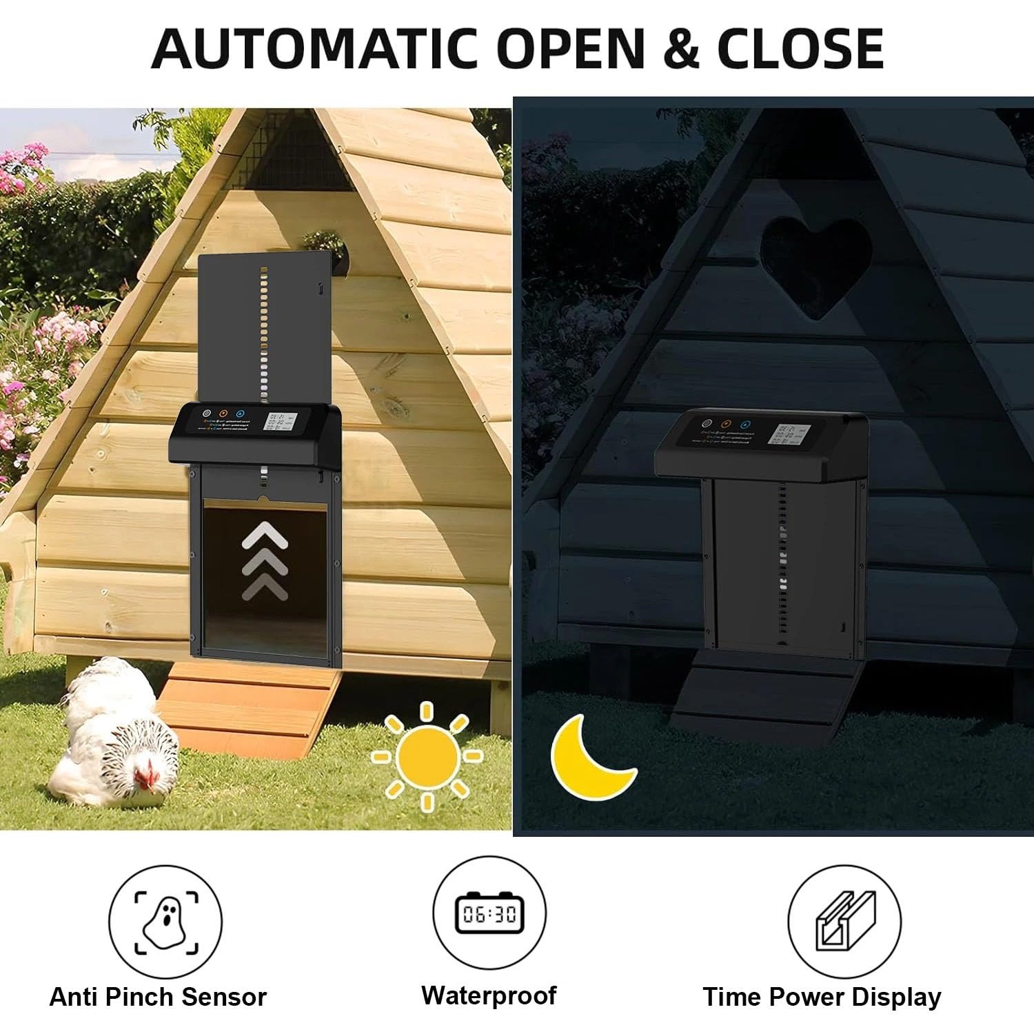 Porta Automatica Pollaio, Porta Automatica per Polli con Chiusura a Scatto, Impermeabile, Ampio Display, Timer, Modalità Manuale e Protezione Intelligente Anti-intrappolamento