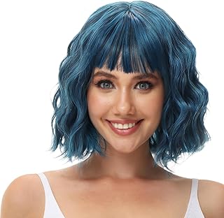 PORSMEER Peluca corta Bob Peluca Ombre Azul con Flequillo Peluca Natural Pelo Sintético Colorido Diario Fiesta Halloween Cosplay Pelucas rizadas para Mujeres (Azul Ombre)