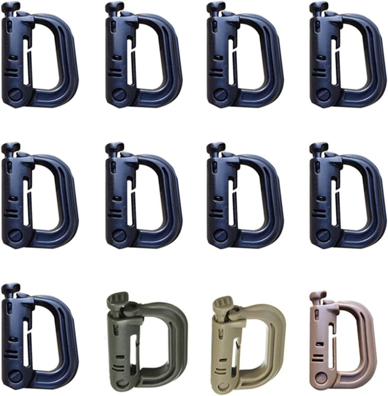 Moschettone tattico con anello a D, confezione da 12 clip con sistema Molle, in plastica leggera, accessori per ingranaggi a sgancio rapido, per zaini Molle, gilet tattici, campeggio, escursionismo