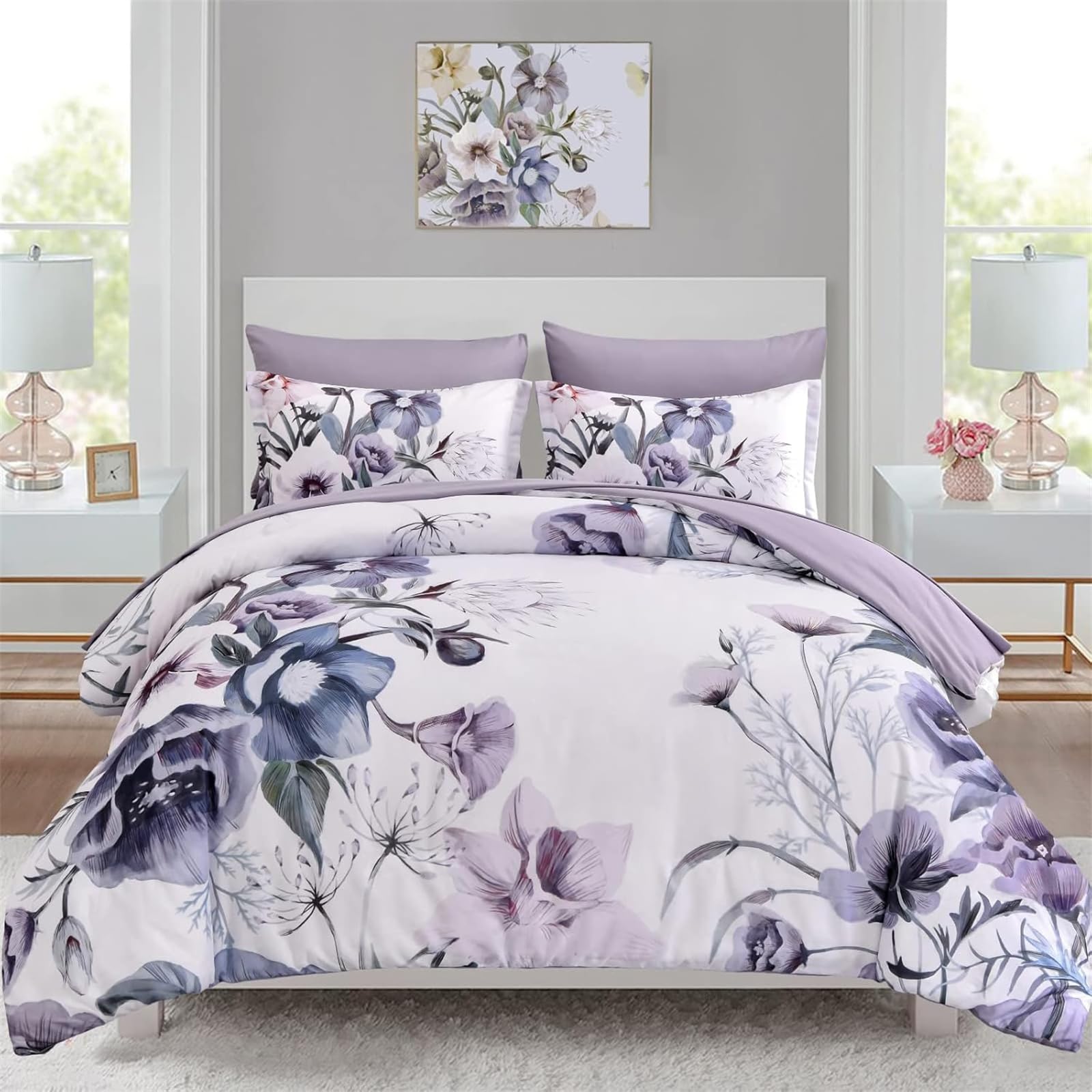 Floral Duvet Cover Set Double Size 3 Piece Purple Flower Duvet Cover with 2 Pillowcases,Soft Microfiber Bedding Set for All Season (Purple,200x200 cm)