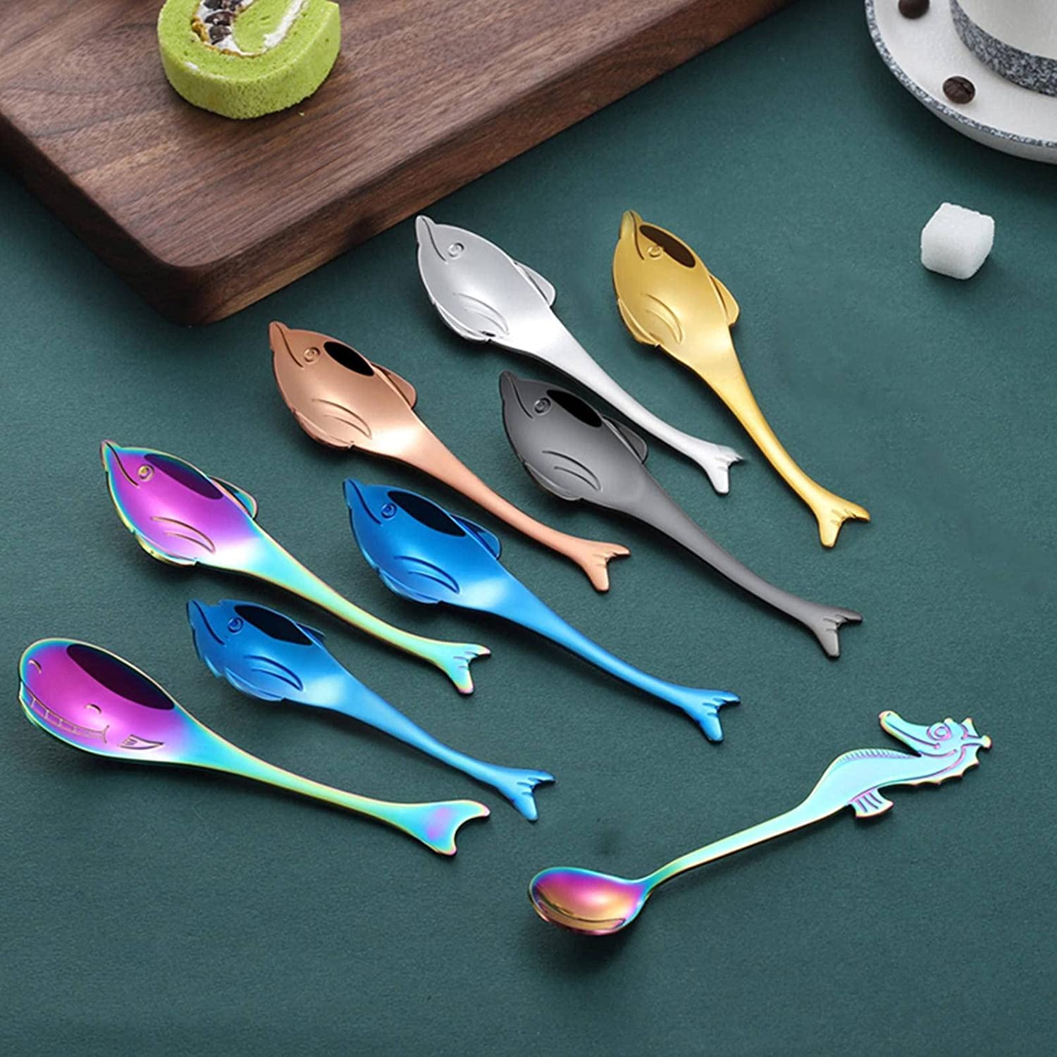 Cucharas De Mesa Hippocampus/Dolphin Forma de ballena Cucharas acero inoxidable Cuchara café creativo Postre Té helado Cocina Herramientas Vajilla Sopa Antigoteo Servir(Whale Multicolor)