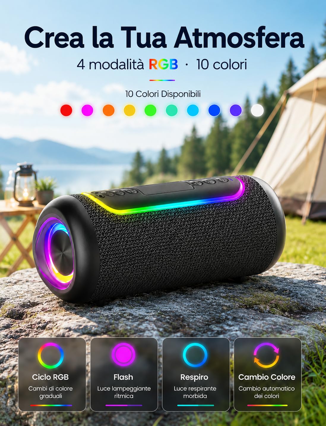 UOHHBOE Cassa Bluetooth Portatile 30W, Bluetooth 5.4 TWS Stereo Fino a 30 Ore di Riproduzione IPX5 Impermeabile, Luci LED Ritmiche USB/AUX/TF Ideale per Viaggi Casa e Outdoor