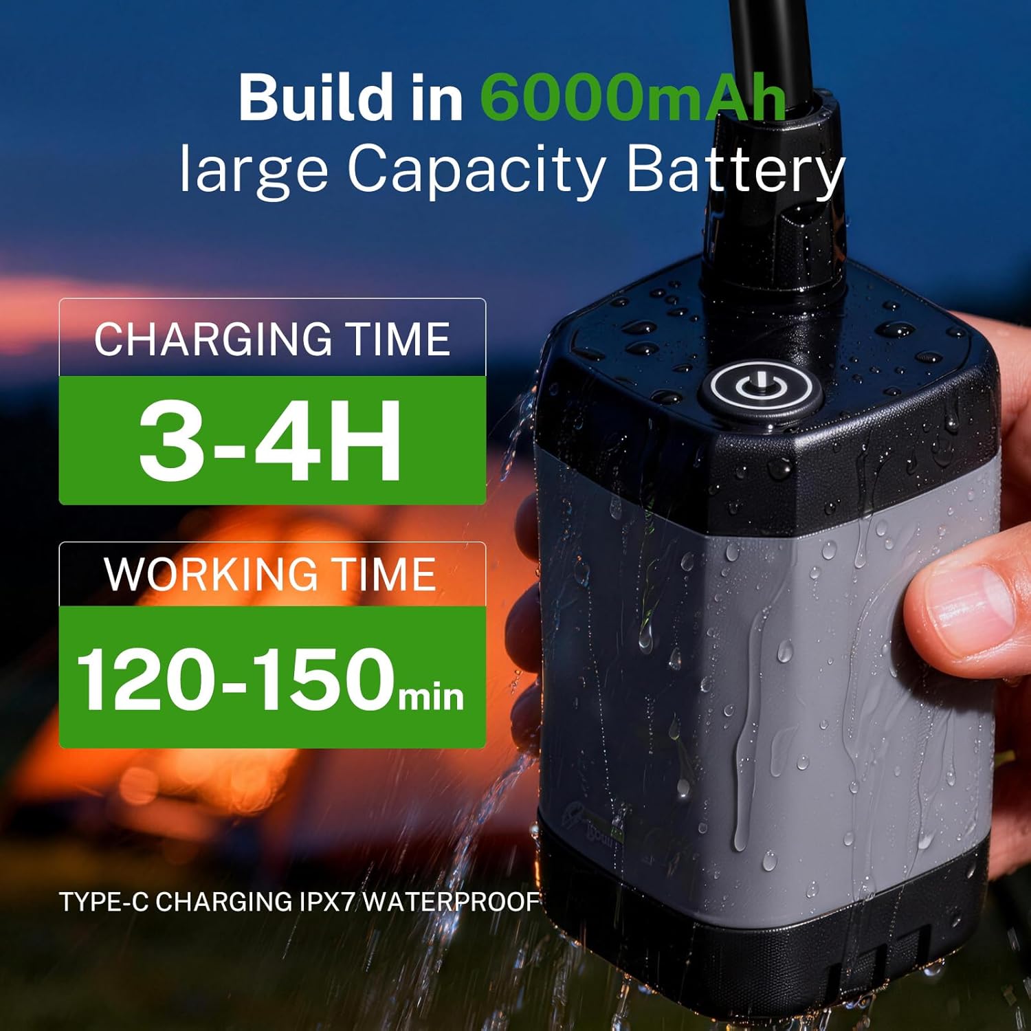 Portable Camping Shower with Heater, Long-Lasting 6000mAh Rechargeable Camping Shower with Sprayer Head,4 Spray Modes,IPX7 Waterproof Outdoor Camp Pump for Hiking, Travel, Car, Pet
