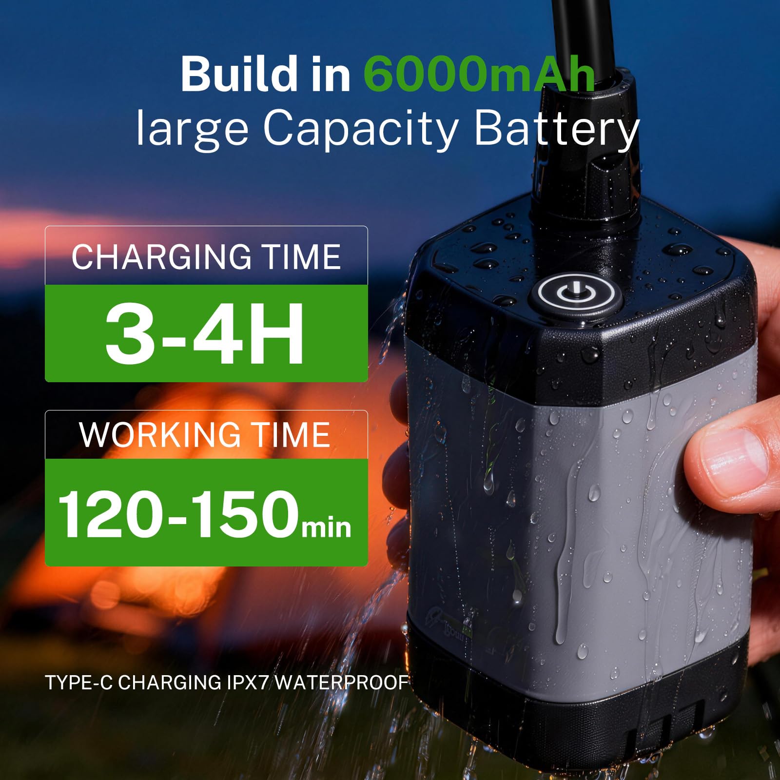 Doccia portatile da campeggio con scaldabagno, batteria da 6000 mAh, durata 140 minuti, display digitale da 5,2 pollici, 4 modalità di spruzzo, impermeabile IPX7 per escursioni, bagno per