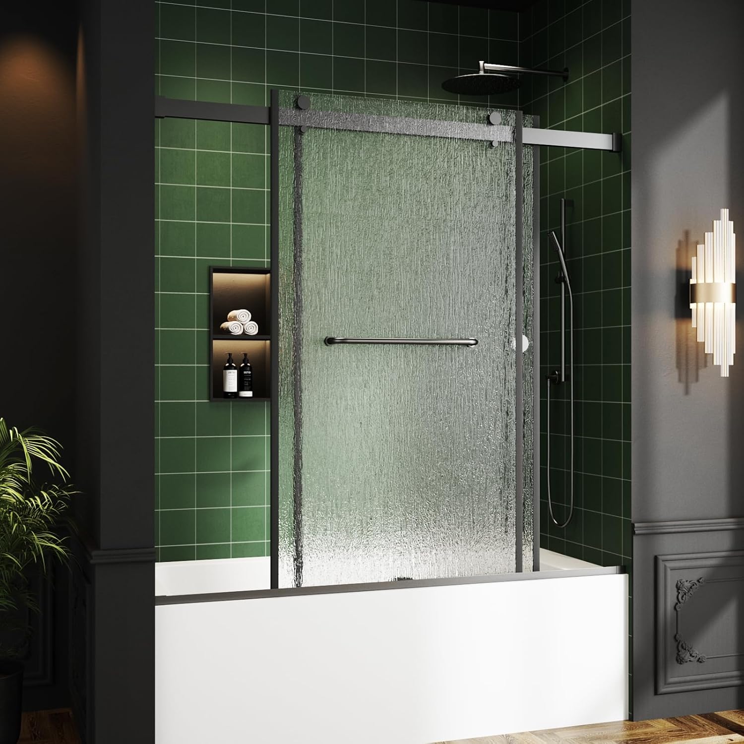 bathtub sliding door 60 w x 56 h close up of matte black hardware