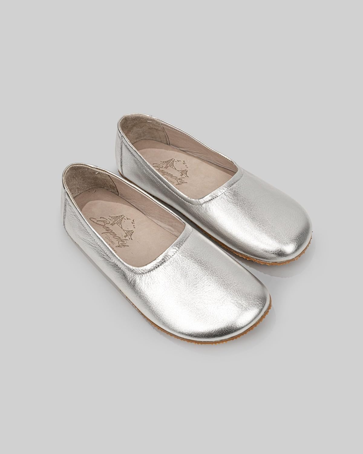 Tulip Silver Color Artisan Handcrafted Genuine Leather Zero Drop Barefoot Flat Ballet Shoes for Women Wide Toe Box Flexible Sole Lightweight Breathable Eco-Friendly Grounding Minimalist Shoes