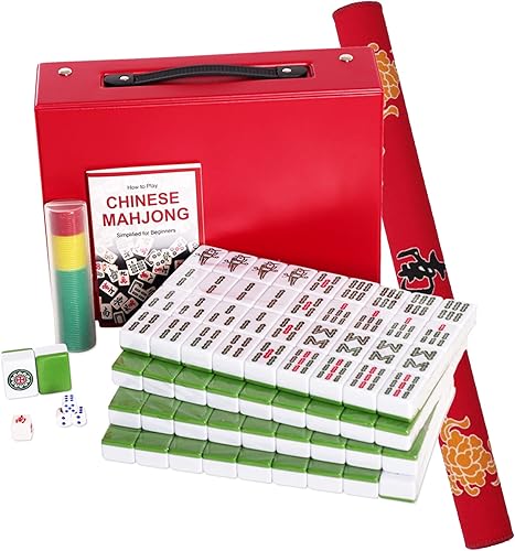 GUSTARIA Chinese Mahjong Set with Mahjong Mat, X-Large 1.6" Durable Melamine Mahjong Tiles (Green), Professional Complete Mah Jongg Set Carrying