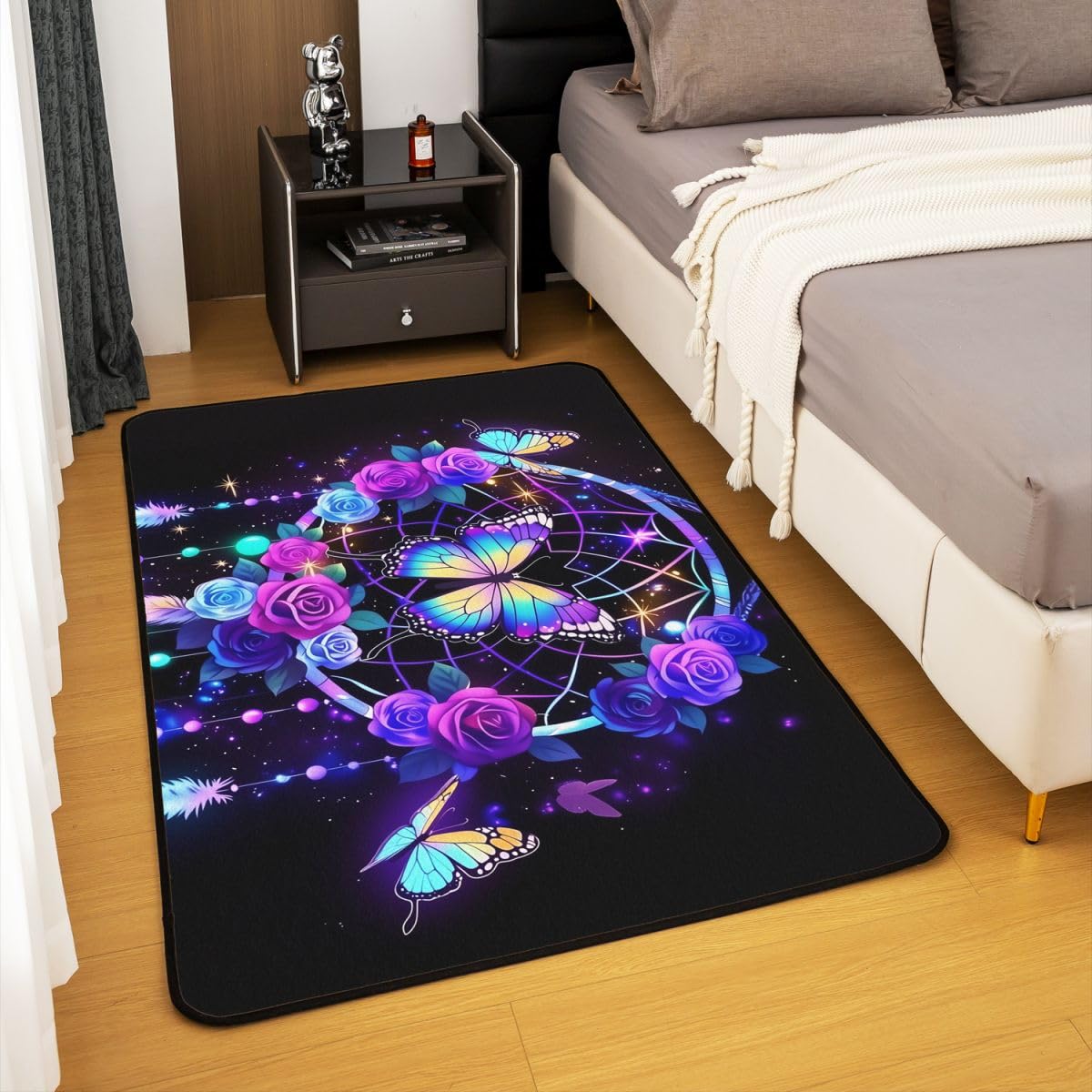 Homewish Traumfänger Rugs for Living Room 150x200 Lila Rosen Schmetterling Teppich Mystischer Traumfänger Schlafzimmer Teppiche Feder Blumen Galaxie Wohnzimmer Carpet Pflegeleicht