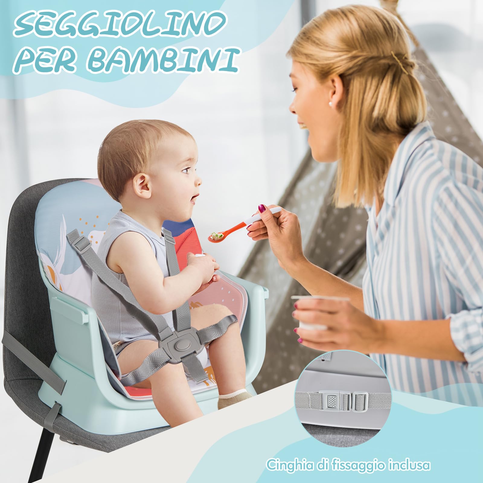 RELAX4LIFE 6 en 1 Trona Bebé con Arnes de 5 Puntos y Cojín Desmontables, Tronas de Bebe Portátil con Bandeja Ajustable y Extraíble, Mesa y Silla Infantil para Niños 6+ Meses, Carga 25kg (Turquesa)