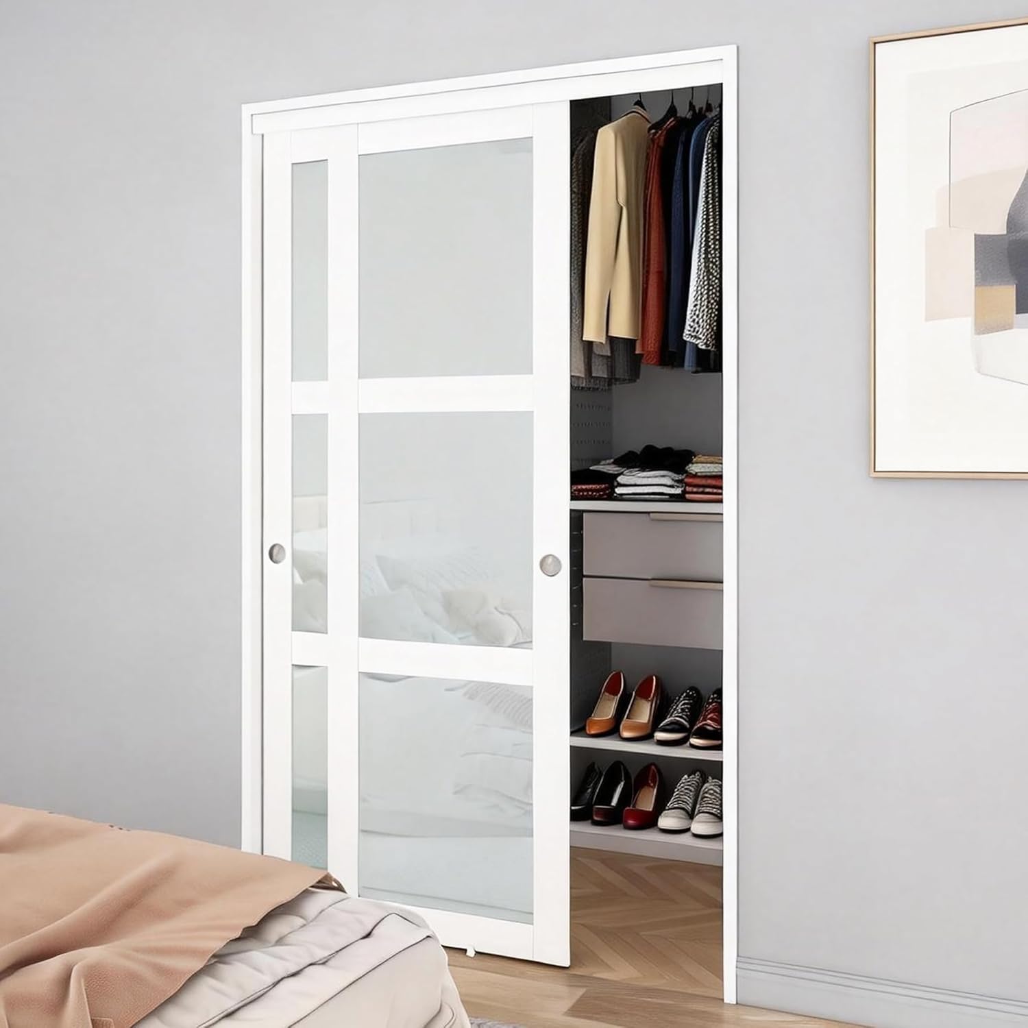 BARNSMITH 48x80 Sliding Closet Door, 3-Panels Preassembled Frosted Glass Door Panel with Hardware Kits & Matching Fascia, MDF Covered with Water-Proof & Anti-Scratch PVC Surface, White