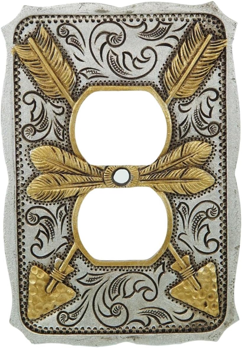 Ebros Gift Set of 2 Southwestern Tribal Native American Indian Navajo Golden Crossed Arrows of Friendship Design Resin Wall Electrical Switch Or Outlet Cover Plates (Double Receptacle Outlet)