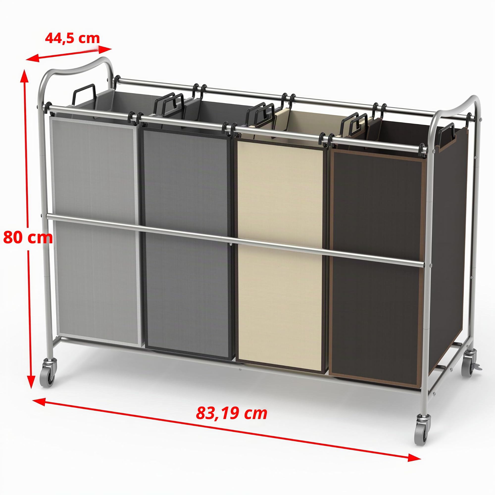 Simple Houseware Chariot à roulettes Robuste pour trieur de Linge, 4 Sacs, Argent/Sacs Assortis