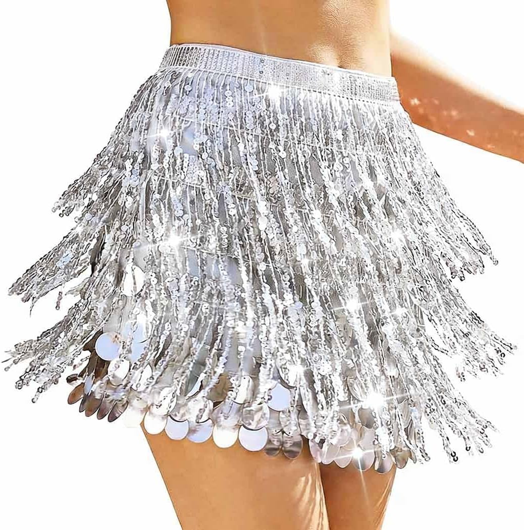 Zoestar Sparkly Sequin Skirts Rave Fringe Belly Dance Skirt Mermaid Costume Outfit for Women