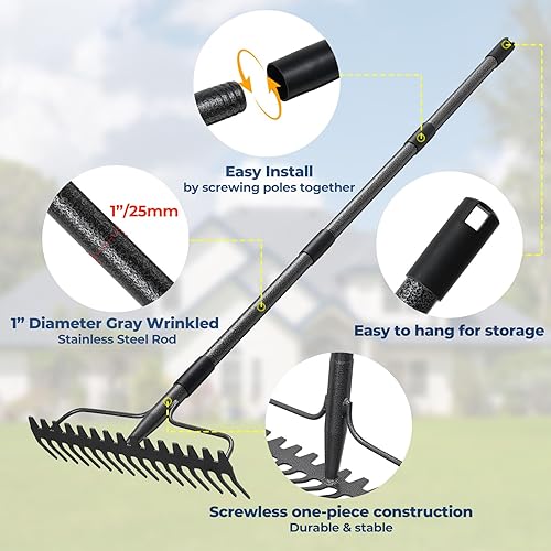 Miniatura 4 de Rastrillo de 49 pulgadas, herramienta de jardín extra ancha de 17 pulgadas con cabezal de doble cara, construcción de acero inoxidable ligero y