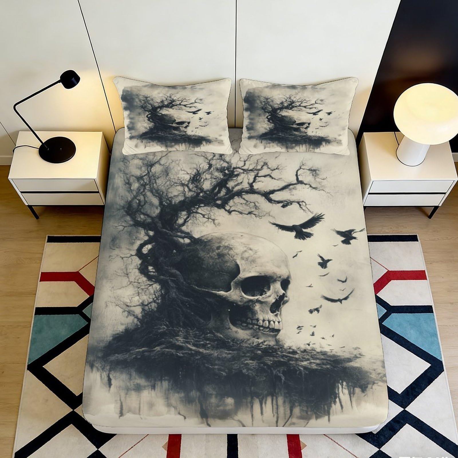 3D Printed Skull Tree Fitted Sheet Microfiber Soft Black Gothic Birds Mattress Cover for Bedroom Dorm Room Decor 180x200x25cm