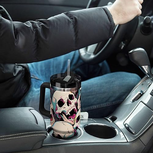 Miniatura 7 de Botella de agua de boca ancha al vacío con diseño de calavera de animales de dibujos animados coloridos para niños con tapa y pajita, taza