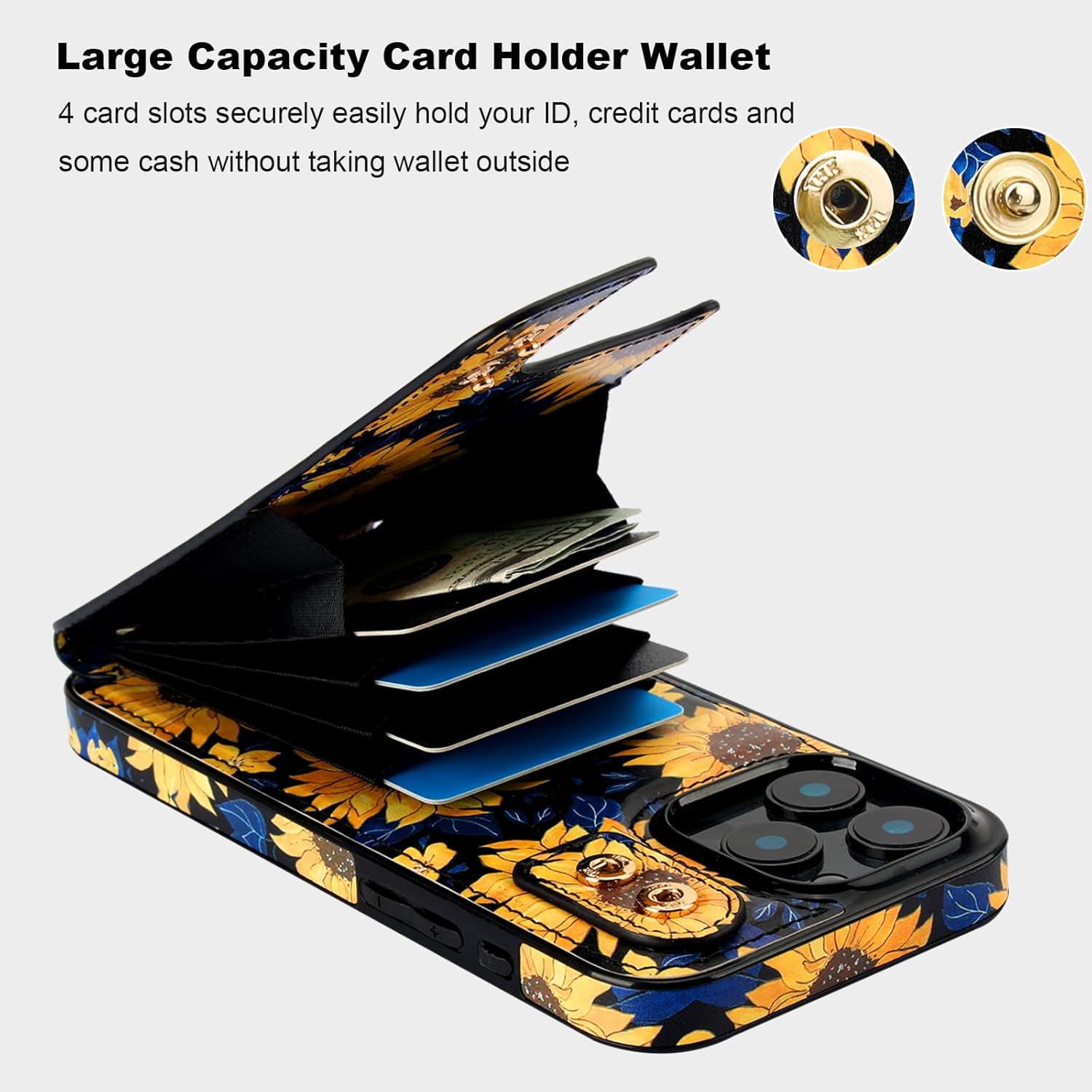 HAOPINSH for iPhone 16 Pro Max Wallet Case with Card Holder, 360°Rotation Ring Kickstand, Blooming Sunflowers Pattern, RFID Blocking Leather for Girls Women, Protective Cover 6.9"