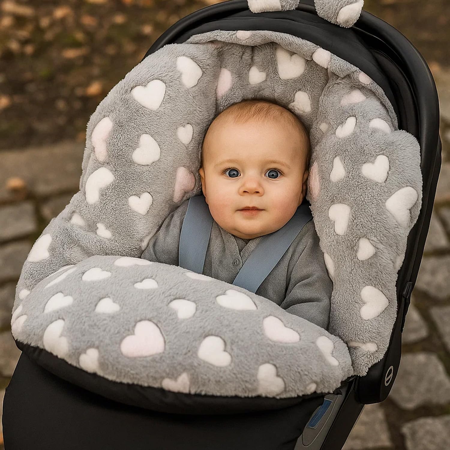 Einschlagdecke für Babyschale – Warmer Fußsack für Baby, Kuschelige Babydecke für Kinderwagen, Kindersitz & Babybett, Ideal für Herbst & Winter, Made in EU (605.020 Grau/Herz rosa)