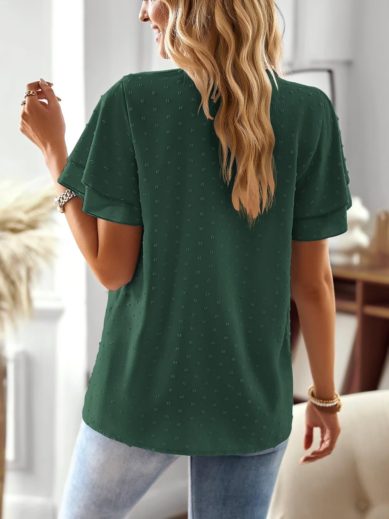 Camisetas Manga Corta Mujer Cuello en V Blusa Verano Elegante Top Boho Túnica Volantes Encaje Casual Plisada Ropa Moda