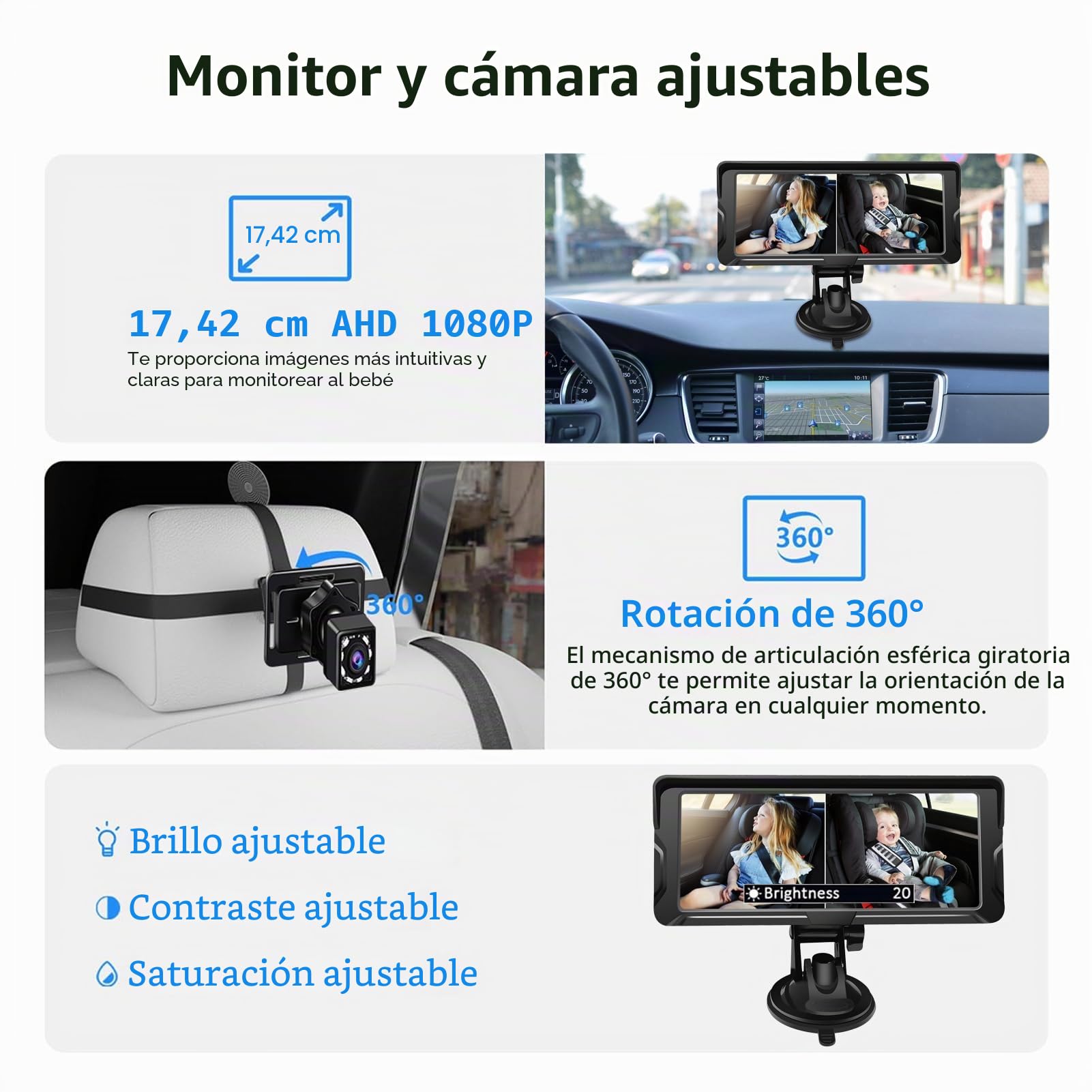 Shkalacar Cámara Bebé Asiento Trasero HD 1080P Doble Canal, Espejo Retrovisor Bebé Coche Pantalla 6,86'' Monitores de con visión Nocturna por Infrarrojos y ángulo de visión