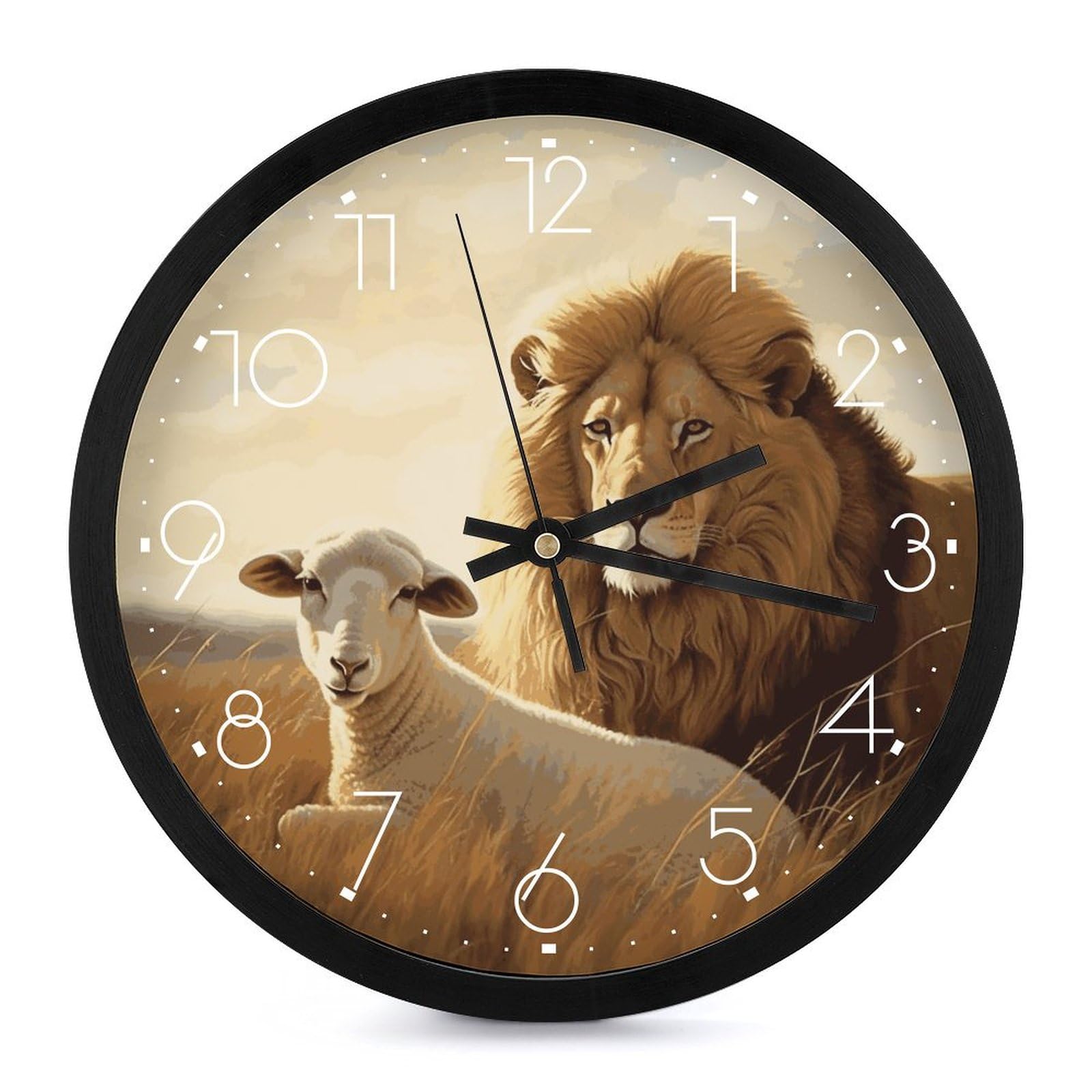 Horloge murale silencieuse de 25,4 cm motif lion et mouton pour salon