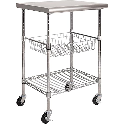 Seville Classics Commercial Work Table Island Utility Cart Prep Station, for Restaurant, Kitchen, Warehouse, Garage, Hotel, Home, Stainless-Steel Top NSF , 24" W x 20" D