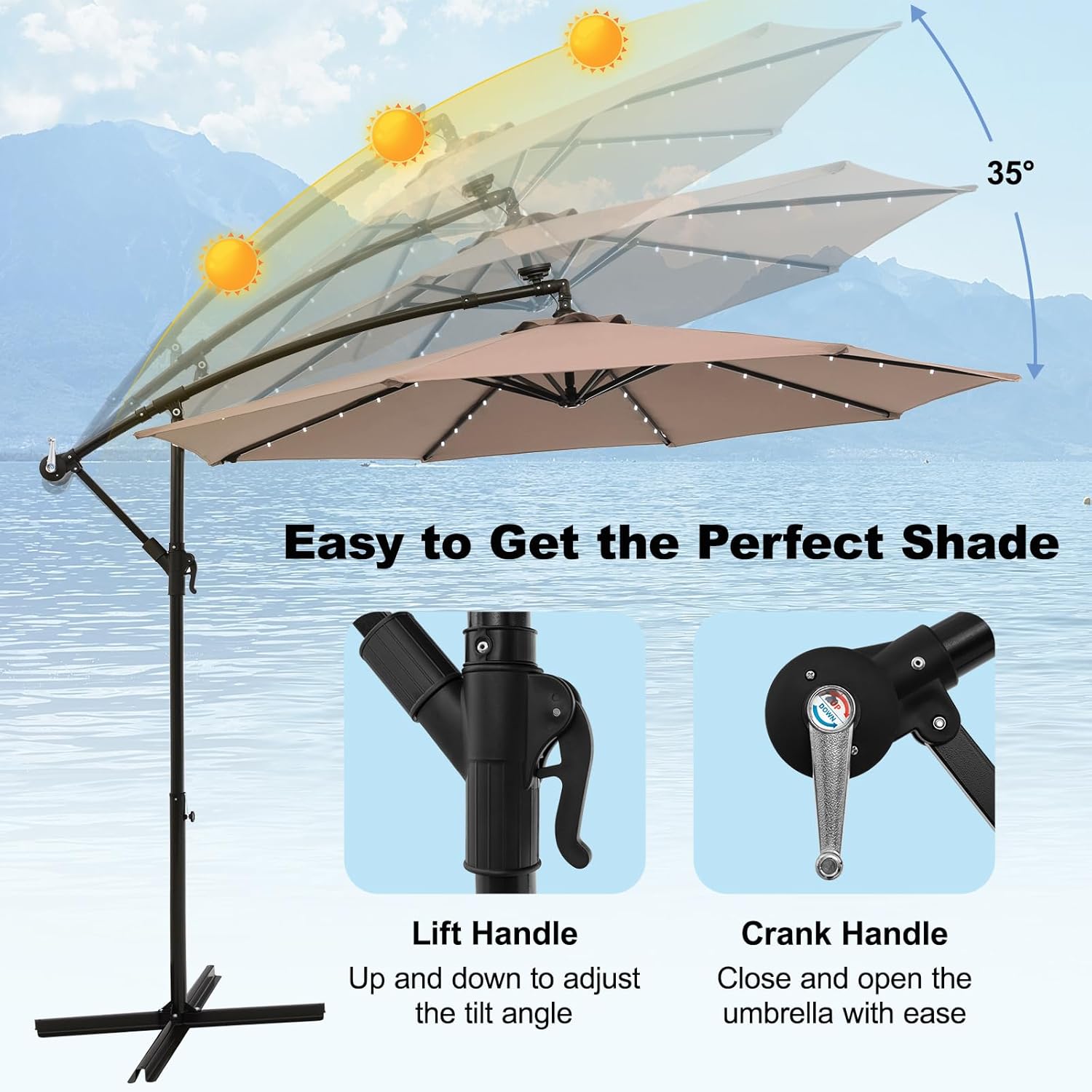 10 ft Offset Umbrella, Cantilever Patio Umbrella with 40 LED Solar Lights, 360 Rotation Solar Patio Umbrella for Outdoor, Garden & Poolside
