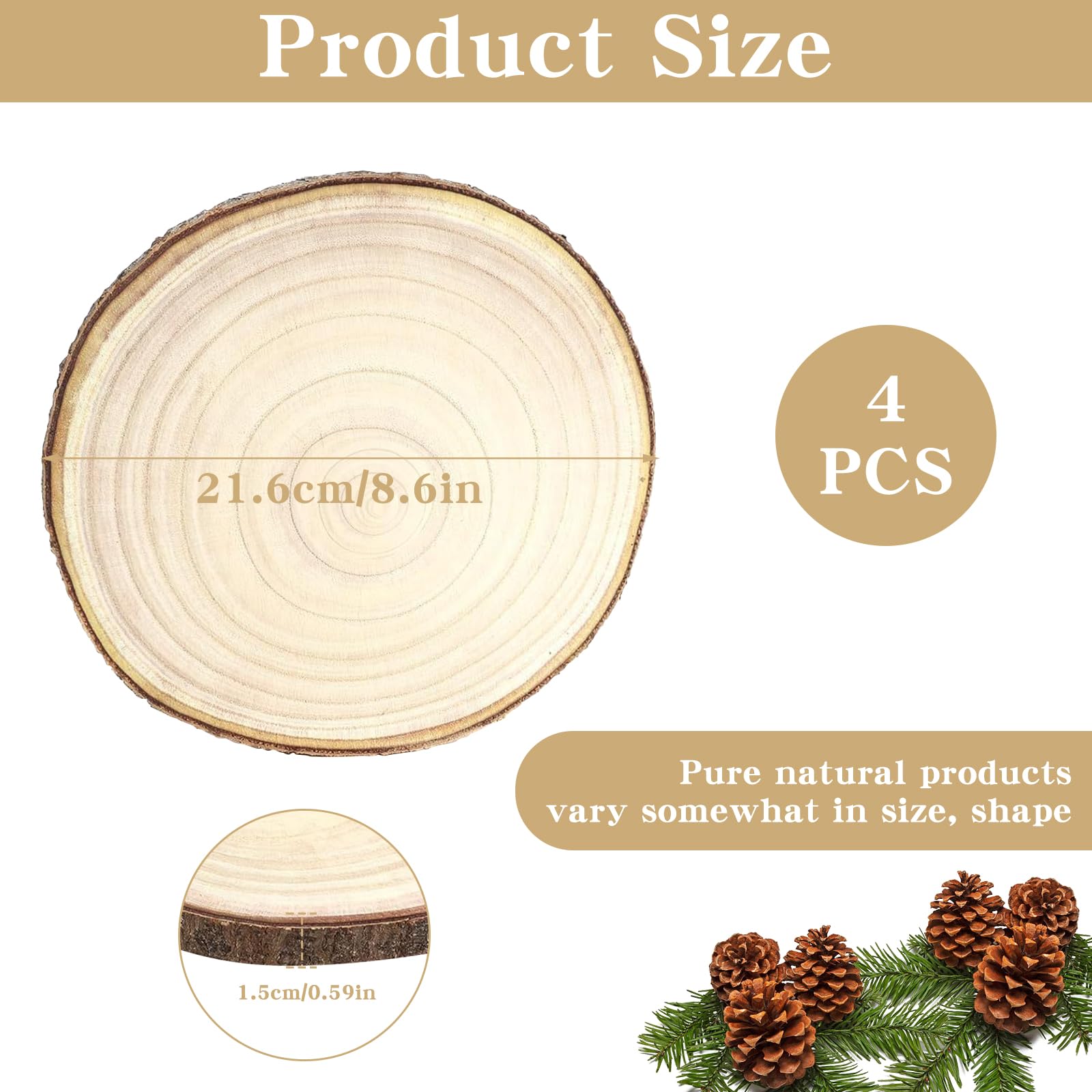 4 Sztuki Krążków Drewnianych z Paulowni, Ø 20–23 cm, Okrągłe Plastry Drewna Nieobrobione, Naturalne Krążki Drewniane do Rękodzieła,Dekoracyjny Plaster Drewna na Ślub, Boże Narodzenie i Dekorację Stołu