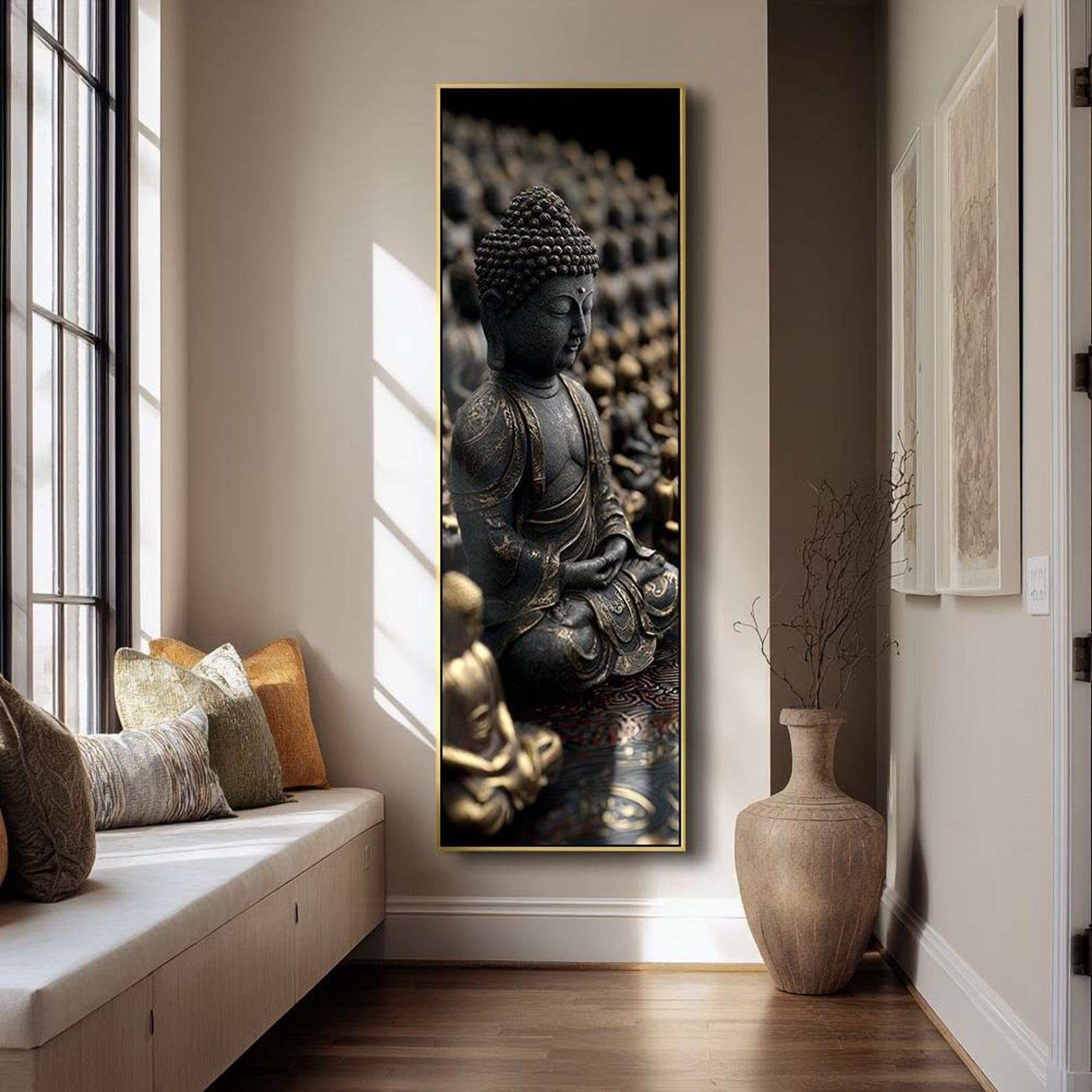 XINBAO Dark Buddha Painting, Vertical Zen Decor, Spiritual Buddha Portrait, Hindu Painting, Buddhist Wall Art Canvas Prints(65x195cm/Frameless)