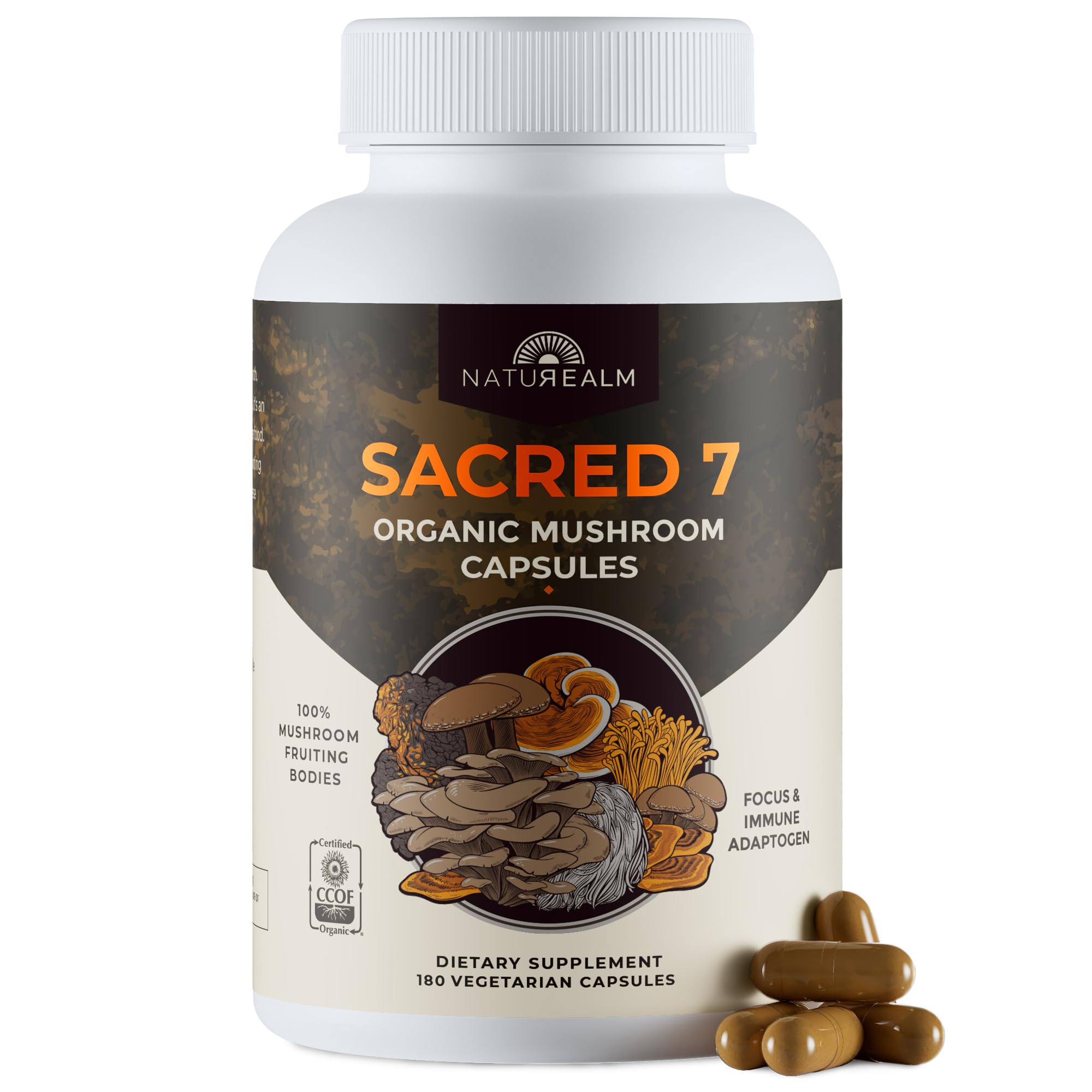 Naturealm Sacred 7 Mushroom Supplement Capsules, 180 Count (60 Day Supply)