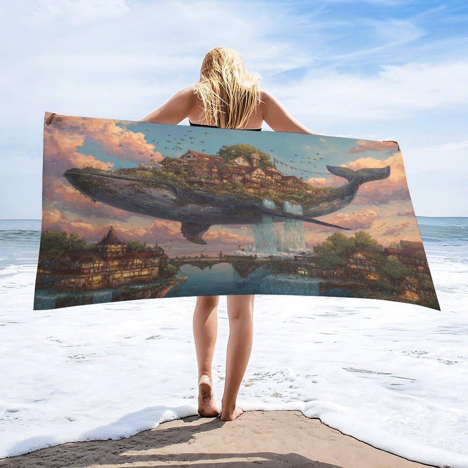 Luyysky Classic Abstract Animal Whale Absorbent Beach Towel, Funny Realistic Nautical Fairy City Ocean Life Whale Bird Outdoor Single-Sided Velvet Beach Towel-80 W Cm X 160" L Cm