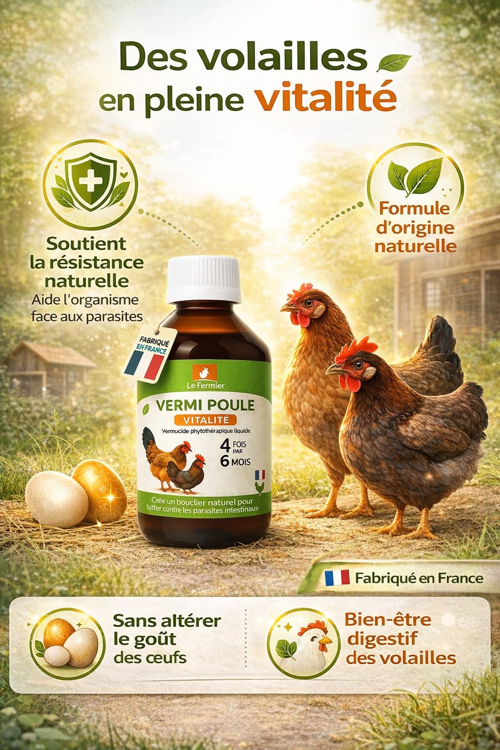 Vermipoule 500 ML – Vermifuge Naturel Poules & Volailles – Défense Contre Parasites Internes, Complément Alimentaire Liquide – sans Risque pour Œufs – Solution Buvable (500 ML)