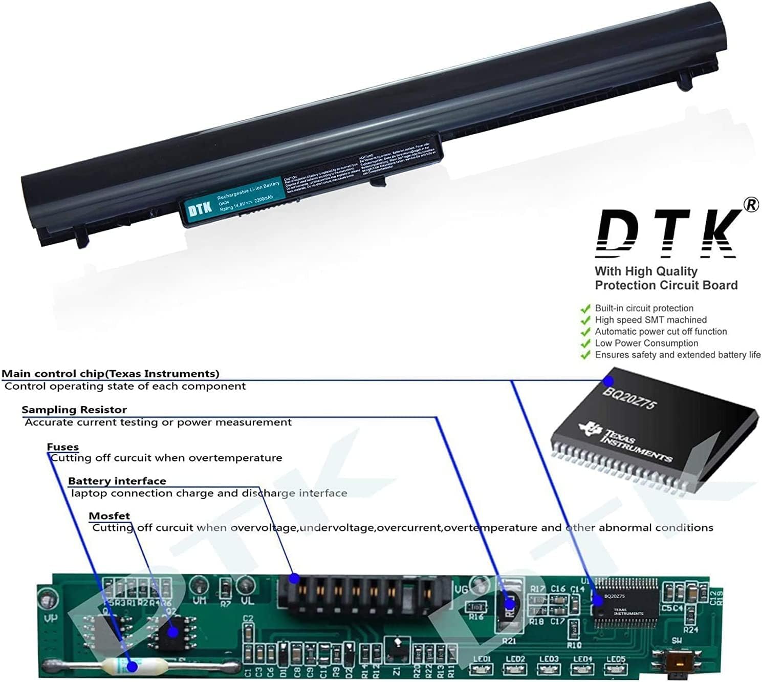 DTK OA04 746641-001 Laptop Battery Replacement for HP 240 G2 / 250 G2 / 255 G2 / CQ14 / CQ15 / 14-r100 TouchSmart Series 15-r200 TouchSmart Series 15-d000ee Series Notebook 14.8V 2200mAh