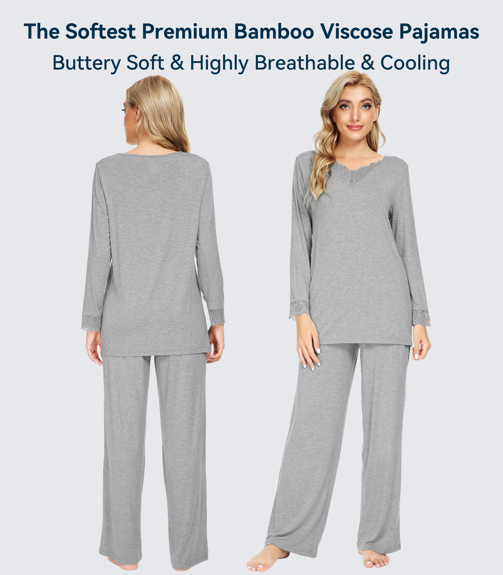 WiWi Weiche Bambus-Pyjama-Sets für Damen, langärmelig, Nachtwäsche, geschnürt, V-Ausschnitt, Oberteil mit Hose, Übergröße, Loungewear, S-4X