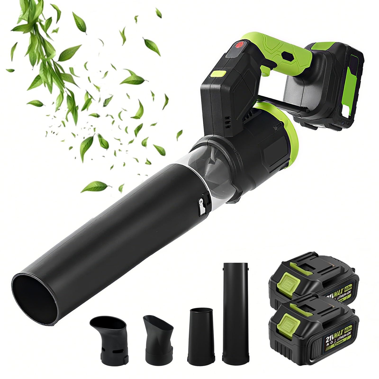 Soplador de Hojas Inalámbrico - Motor sin Escobillas 947W, Flujo de Aire Máx. 381CFM, 4 Velocidades (25-58m/s), Escoba de Aire Ligera para Hojass/Césped/Terraza/Jardín/Limpieza de Autos 2Battery