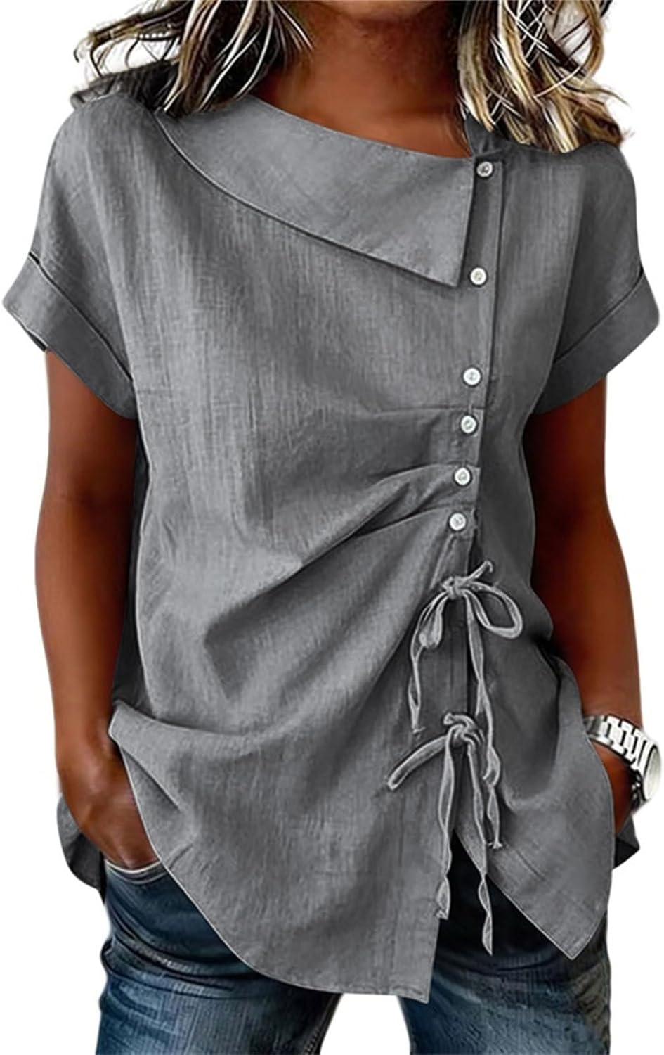 Womens Short Sleeve Tops Cotton Linen Fashion Tees Asymmetric Neck Side Tie Shirts Summer Loose Fit Casual T-Shirts