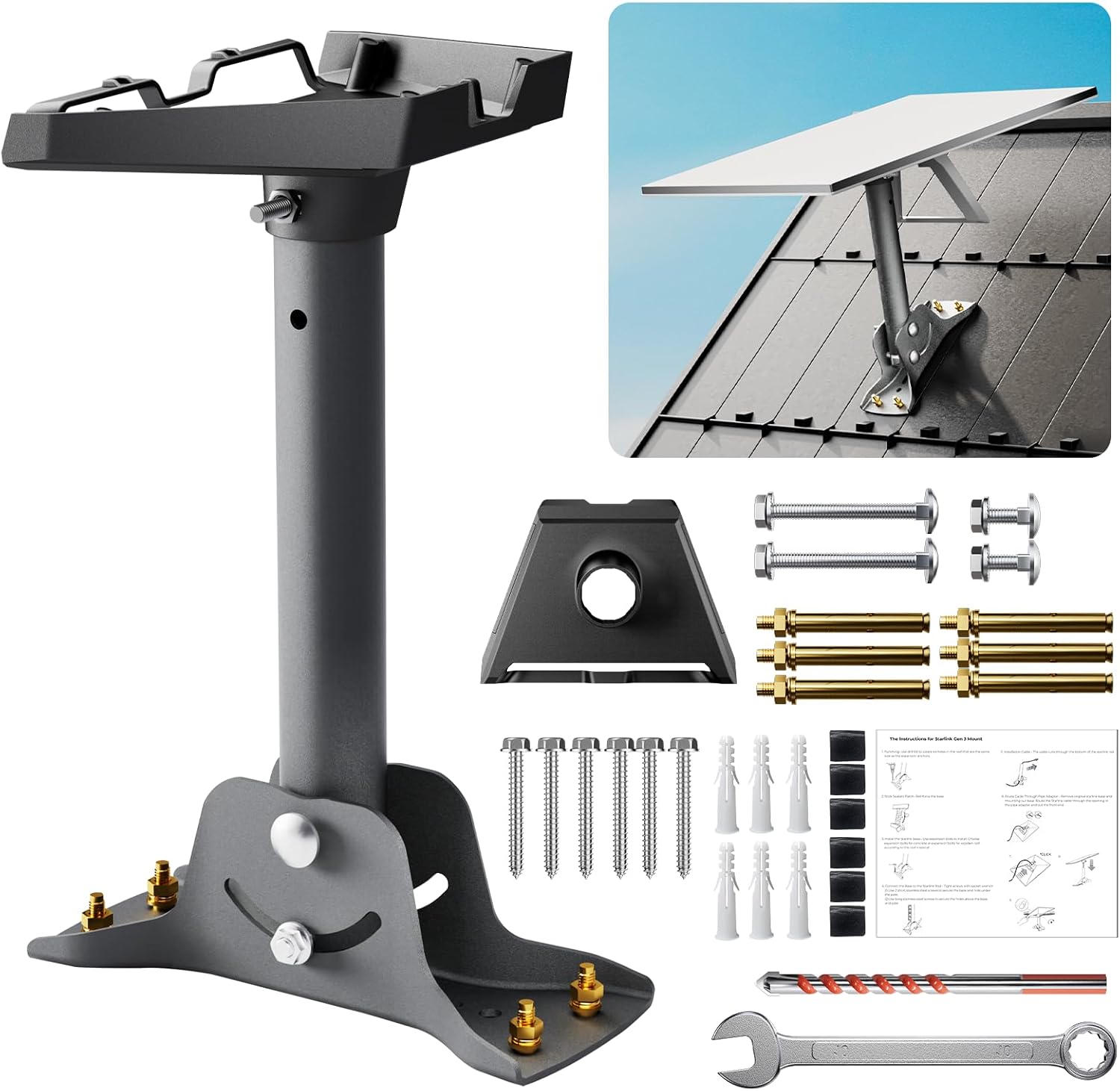 Starlink Gen 3 Mount, Adjustable Pivot Mount Compatible with Gen3 / V3 Starlink Standard Dish, Pole Mounting Kit Include Aluminum Gen 3 Pipe Adapter, Suitable for Roof