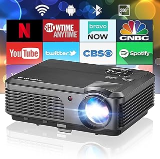 Smart LCD Projector with WiFi and Bluetooth, Full HD 1080P Home Theater Android Projector Built in Apps, 200" Outdoor Movie Projector Wireless Mirroring & HDMI/USB for Phone Laptop DVD TV Stick PS5