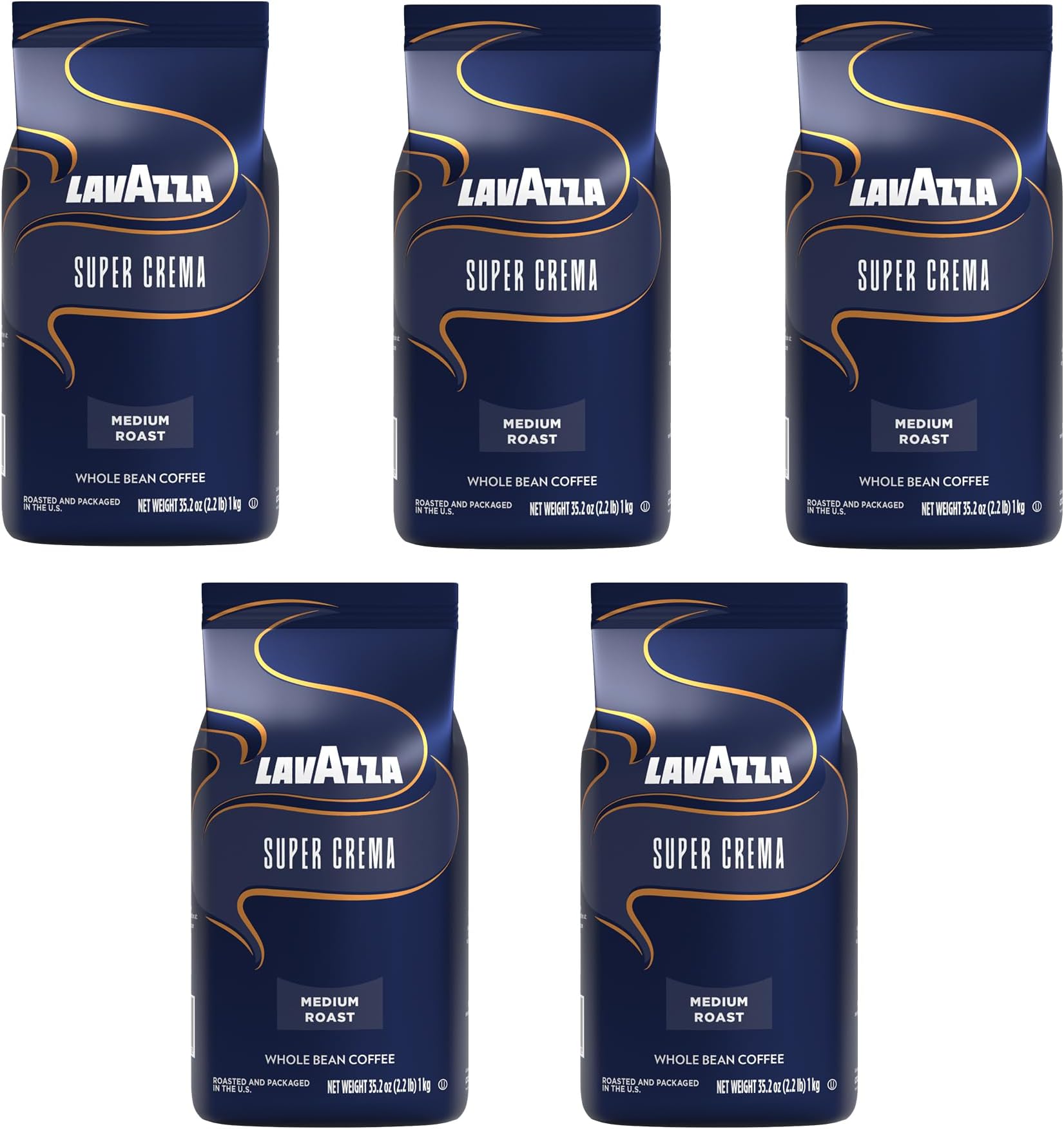Lavazza Super Crema Whole Bean Coffee, Medium Espresso Roast, Arabica and Robusta Blend, 2.2 lb Bag (Pack of 5)