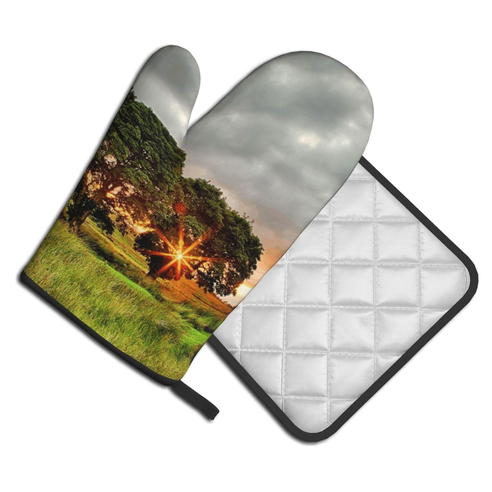 Oven Mitts and Pot Holders Set of 2 Pcs, Natural Sunrise Printed Heat Resistant Kitchen Gloves Potholders for Cooking Baking Grilling
