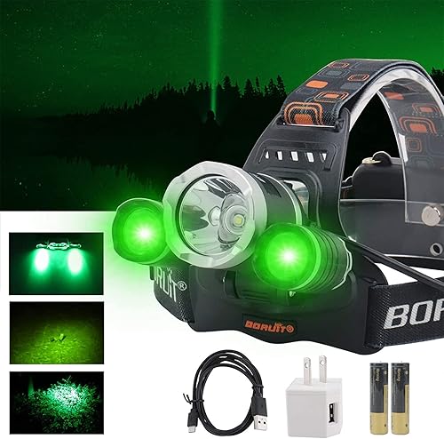 Miniatura 9 de BORUIT Linterna frontal LED verde RJ-3000, 3 modos de luz LED blanca y verde, linterna de caza LED súper brillante, recargable por USB, lámpara de