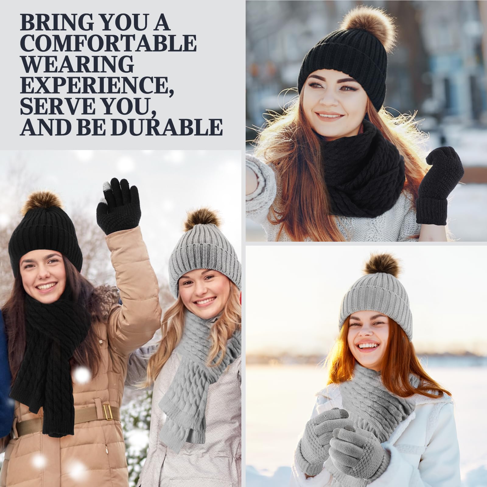 Suhine 8 Pcs Women Hat Scarf Gloves and Earmuff Set Winter Knit Beanie Pompom Hat Warm Touch Screen Gloves for Men Adult