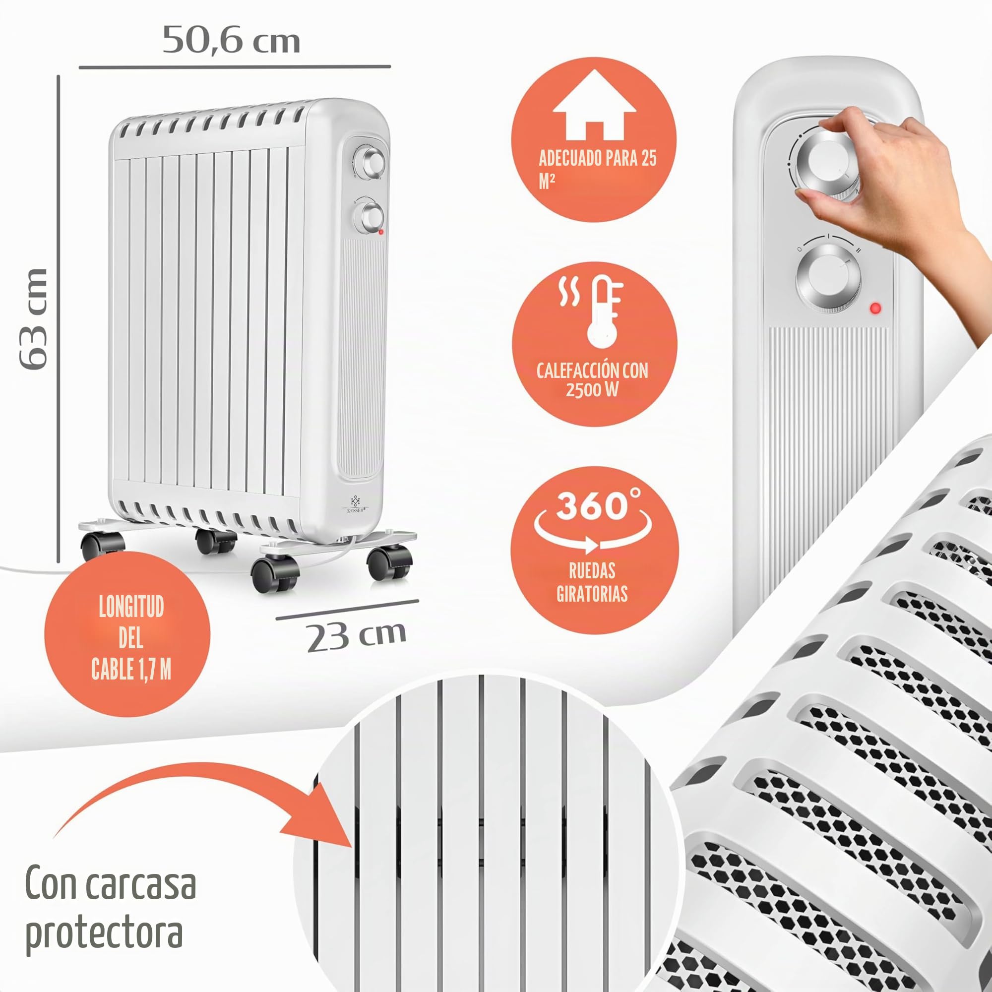 KESSER® Radiador de aceite de bajo consumo 2500W | Termostato, ventilador de calentamiento rápido | Calefacción eléctrica rellena de aceite + 3 niveles de calor, carcasa de protección, ruedas 360° |