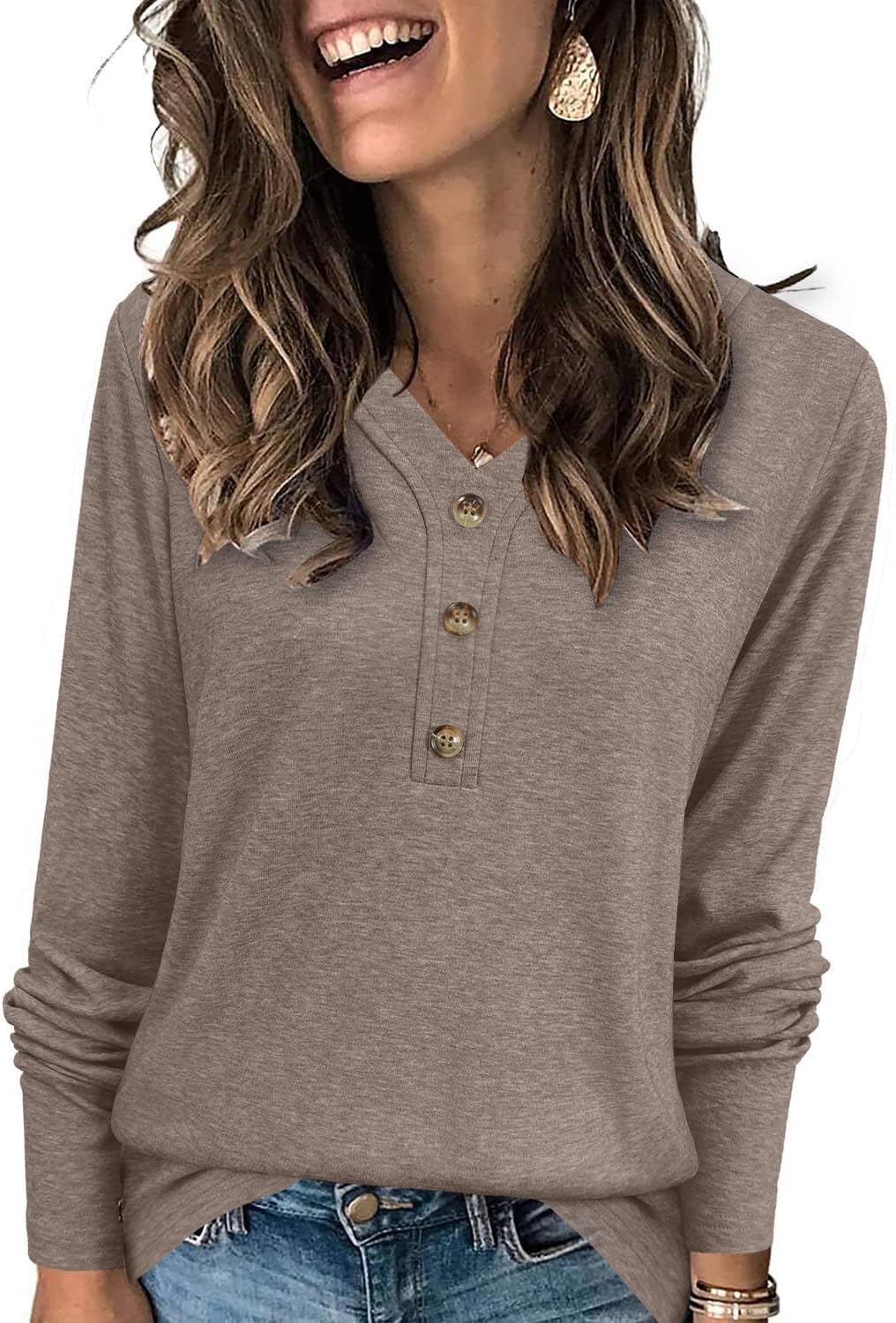 Womens Tops Long Sleeve Shirts Fall Winter Casual V Neck Button Knit Pullover Lightweight Tunic Blouse