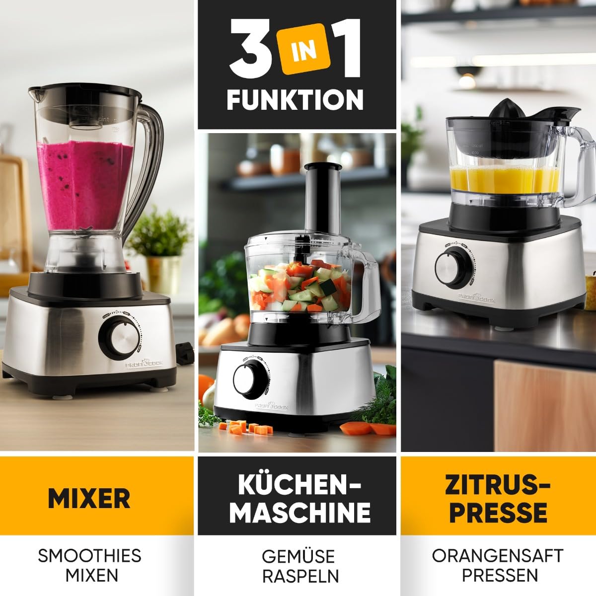 ProfiCook PC-KM 1063 robot de cocina compacto, cortar, amasar, mezclar, accesorio para prensar cítricos, 1,2L, apertura de rellenado, con función turbo incl. 11 accesorios, 1200W